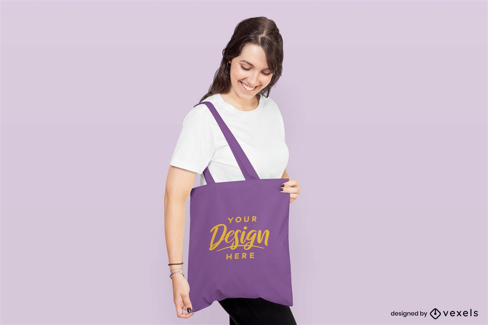 Female model purple tote bag mockup