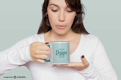 Women cooling down drink mug mockup