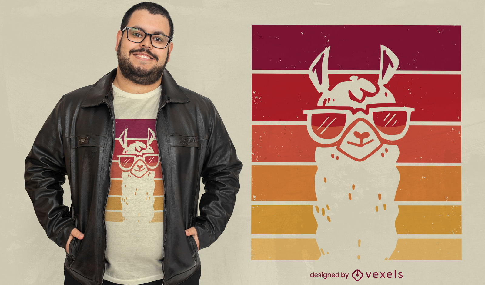 Diseño de camiseta de puesta de sol retro animal llama