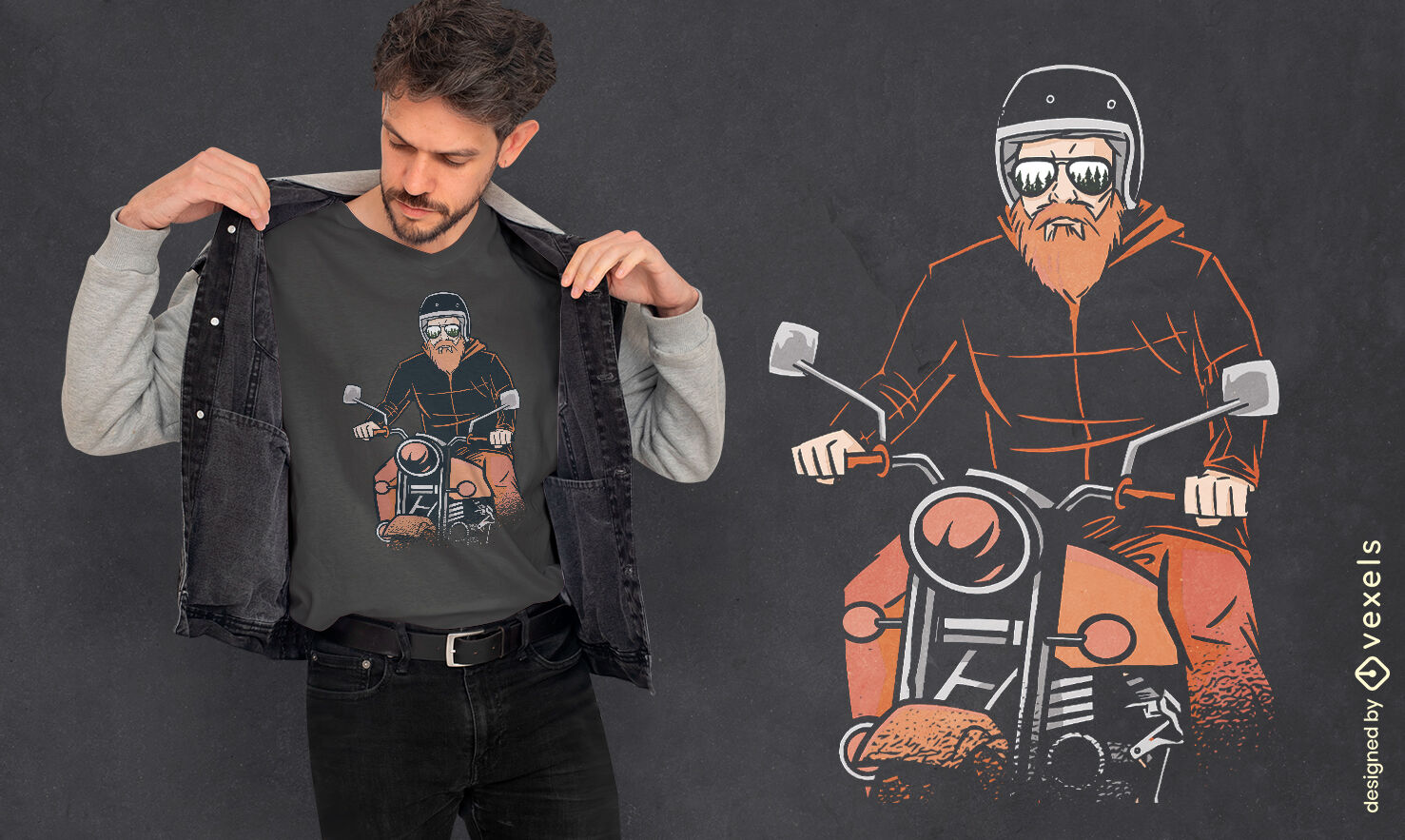 Homem dirigindo motocicleta com design de camiseta de óculos de sol