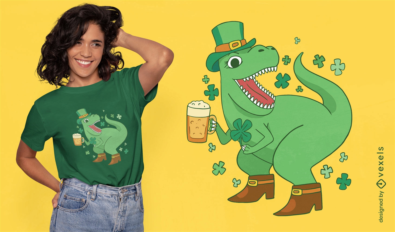 Design de camiseta de dinossauro bebendo cerveja de St Patricks