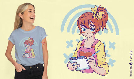 Chica anime dibujando en diseño de camiseta de cuaderno