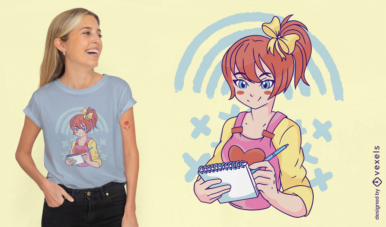 Anime-Mädchen, das im Notizbuch-T-Shirt-Design skizziert