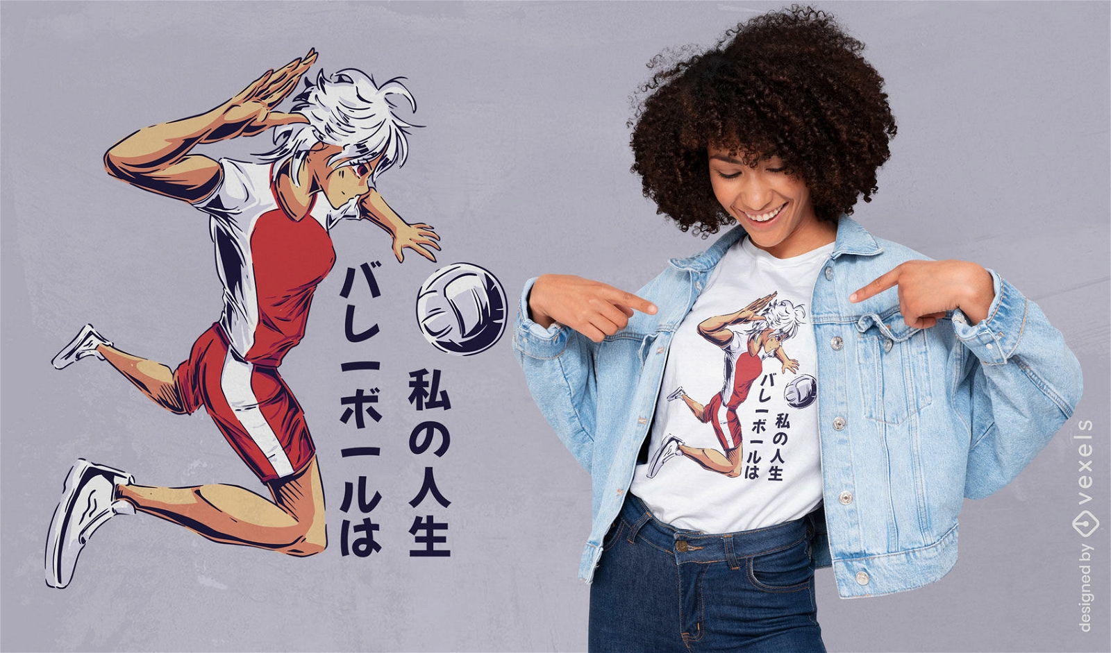 Chica anime jugando diseño de camiseta de voleibol.