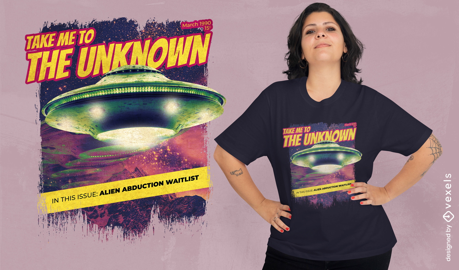 Diseño de camiseta psd de revista de abducción alienígena