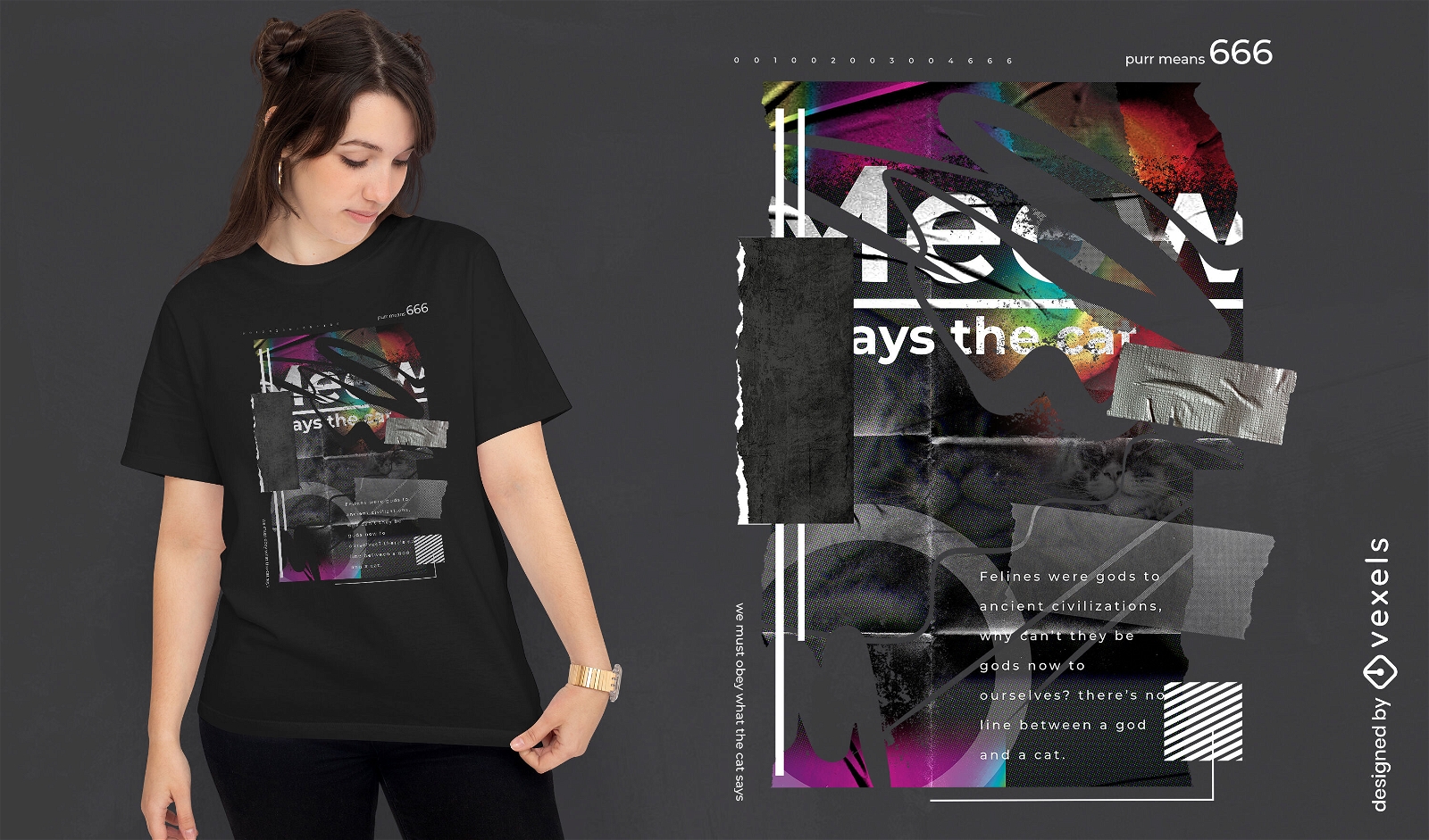Katze zitiert dunkles Collage-PSD-T-Shirt-Design