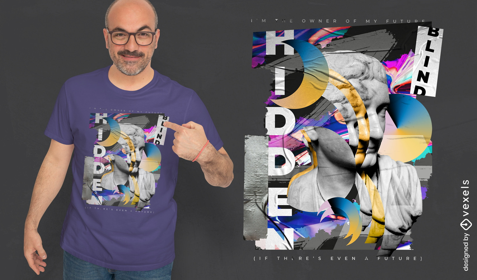 Diseño de camiseta PSD de cotización futura de collage de estatua