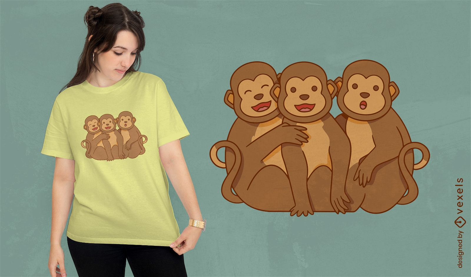 Diseño de camiseta de tres monos abrazados.
