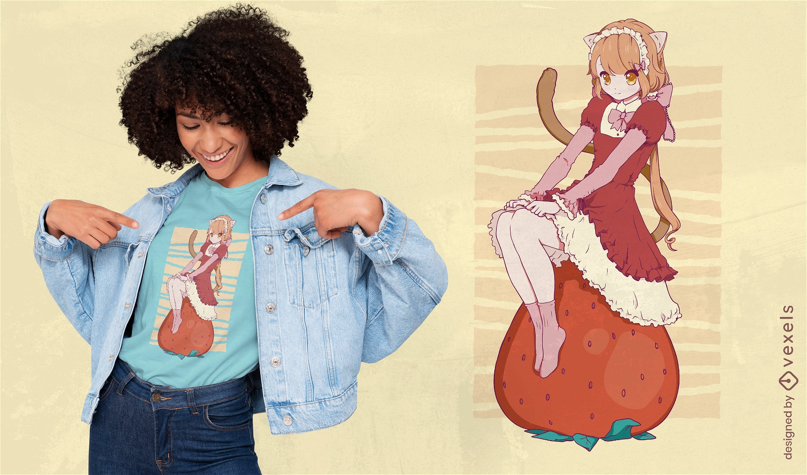 Anime cat girl on strawberry t-shirt design