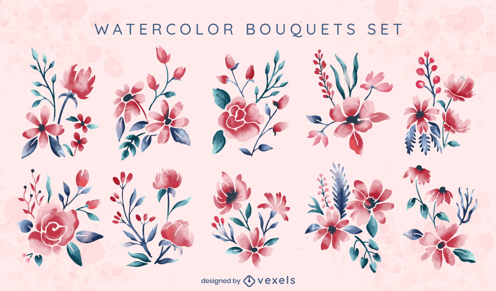 Conjunto de buquês de flores em aquarela