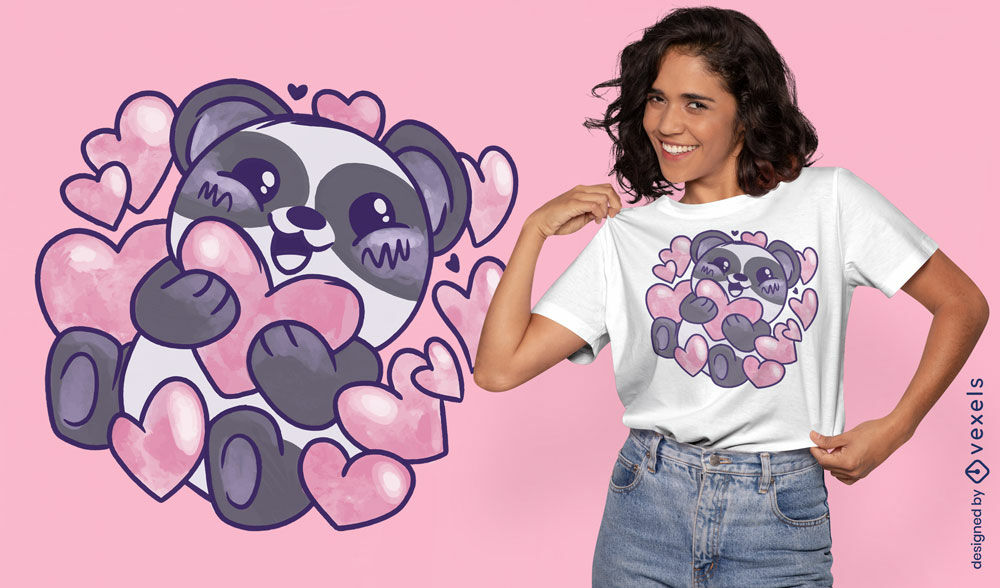 Design de camiseta kawaii panda e corações