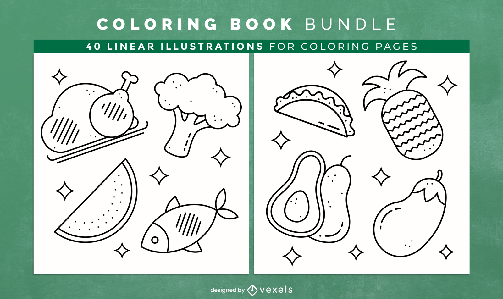 Design simples de páginas de livros para colorir de alimentos