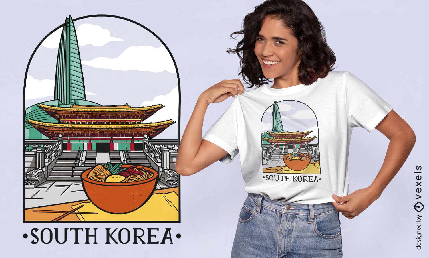 Puntos de referencia de Corea del Sur y diseño de camisetas de comida.