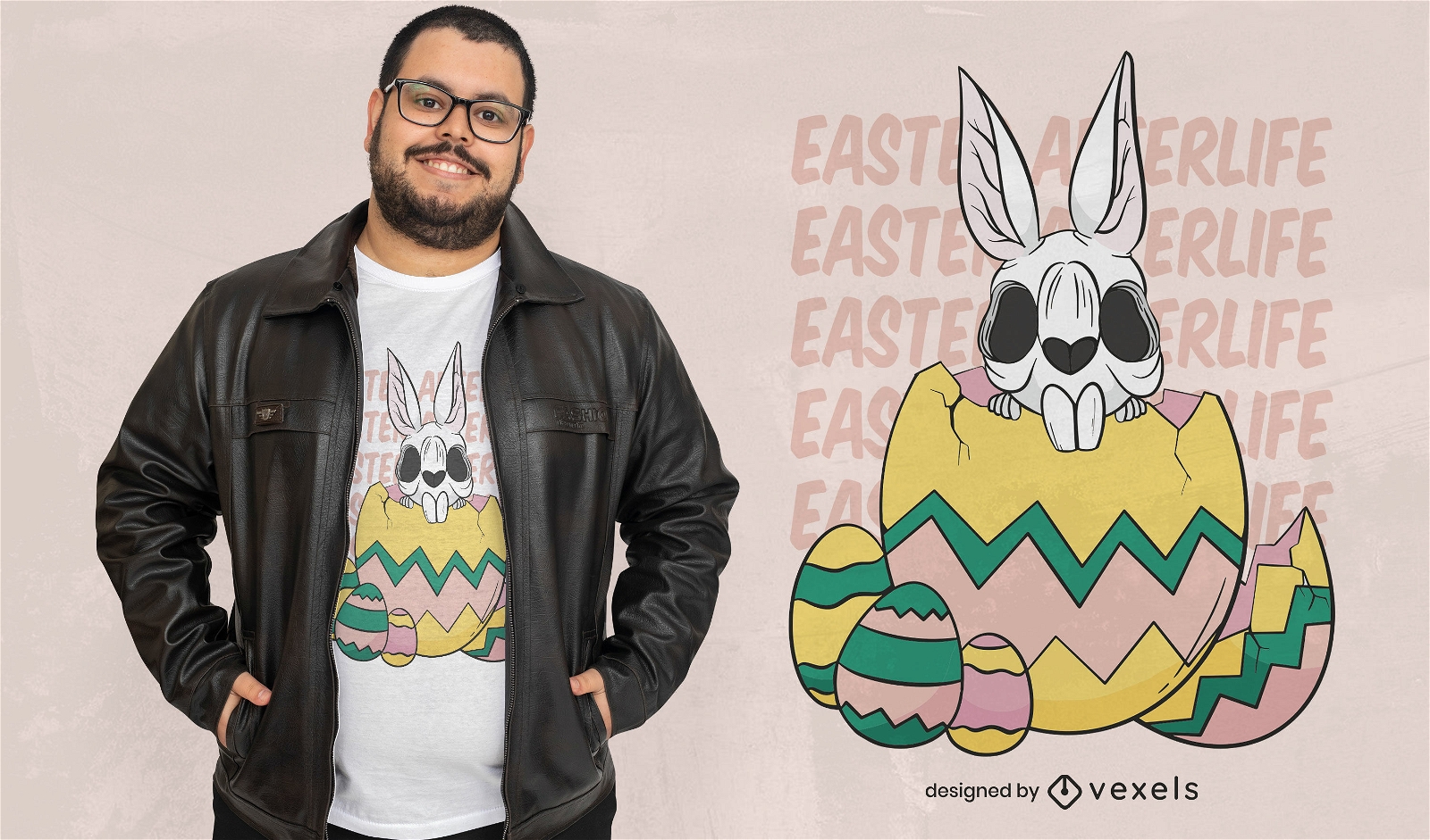 Conejo esqueleto en diseño de camiseta de huevo de pascua