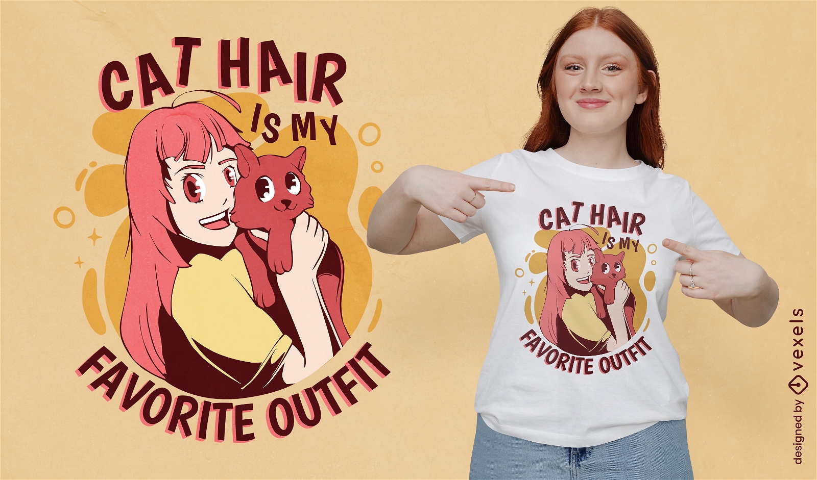M?dchen, das Katzen-Cartoon-T-Shirt-Design umarmt