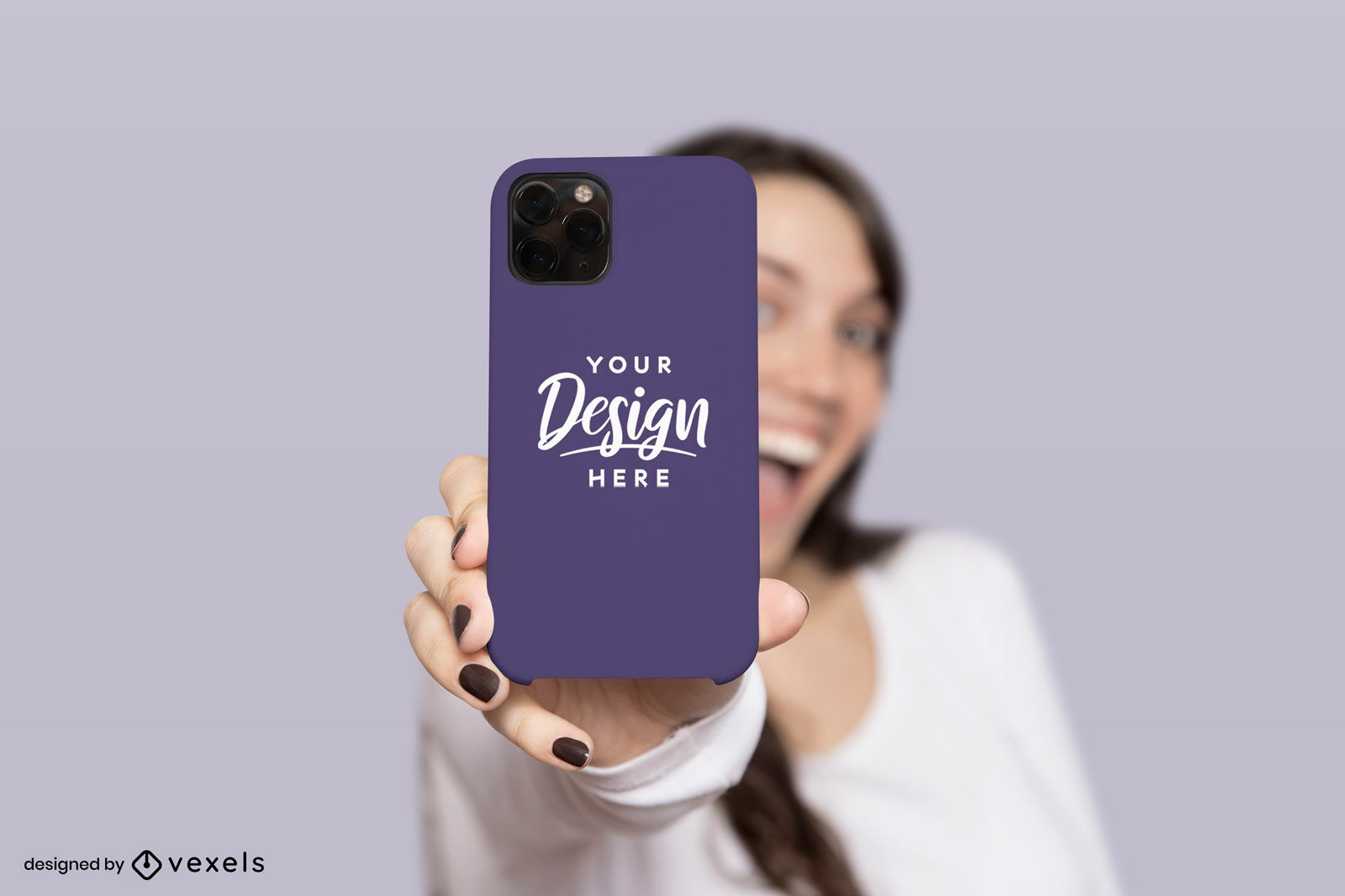 Girl smiling while holding phone case mockup