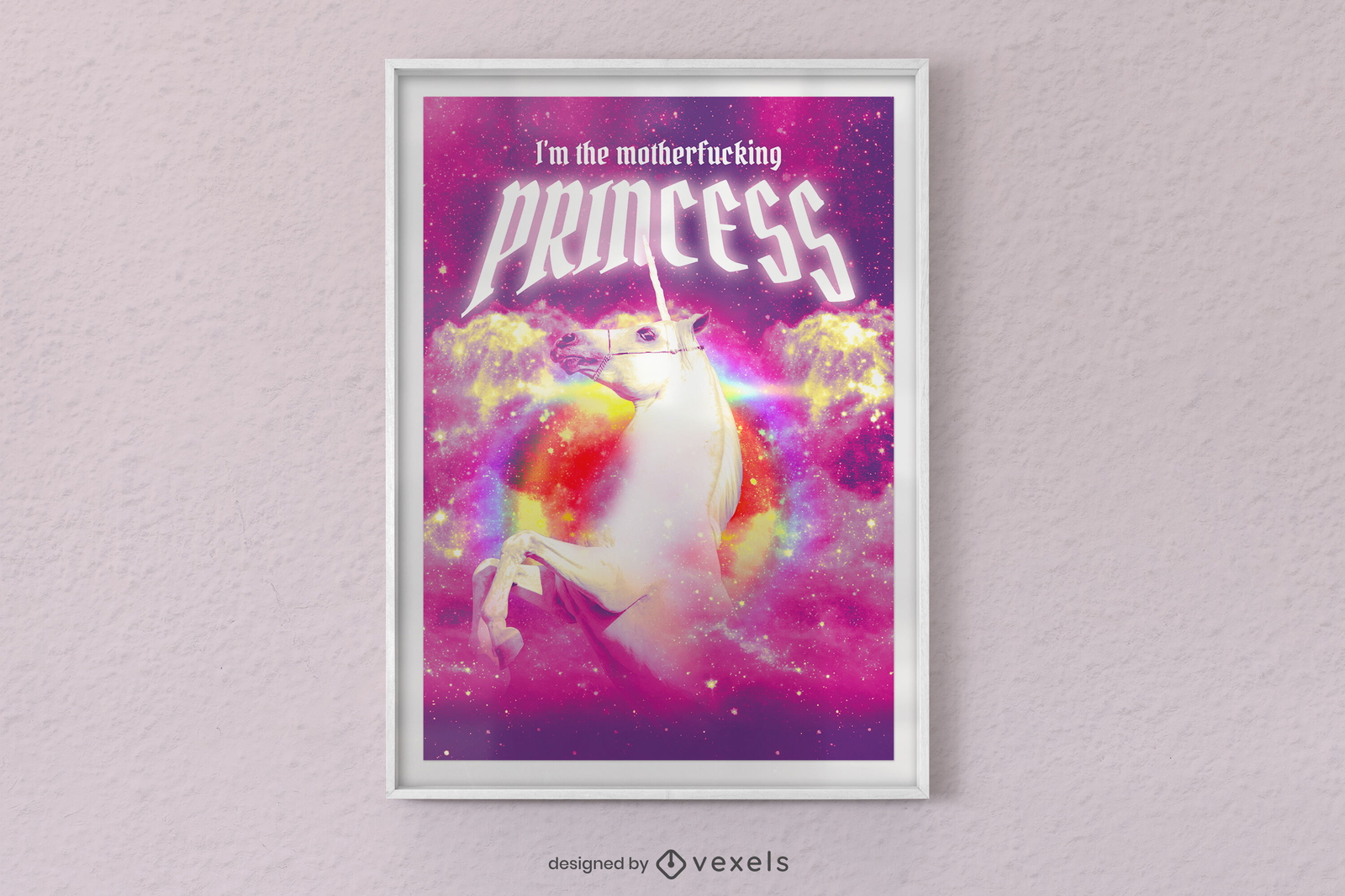 Criatura unicornio en diseño de cartel de galaxia.