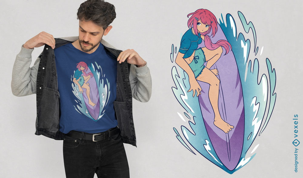 Surfendes Wellen-T-Shirt Design des Animemädchens