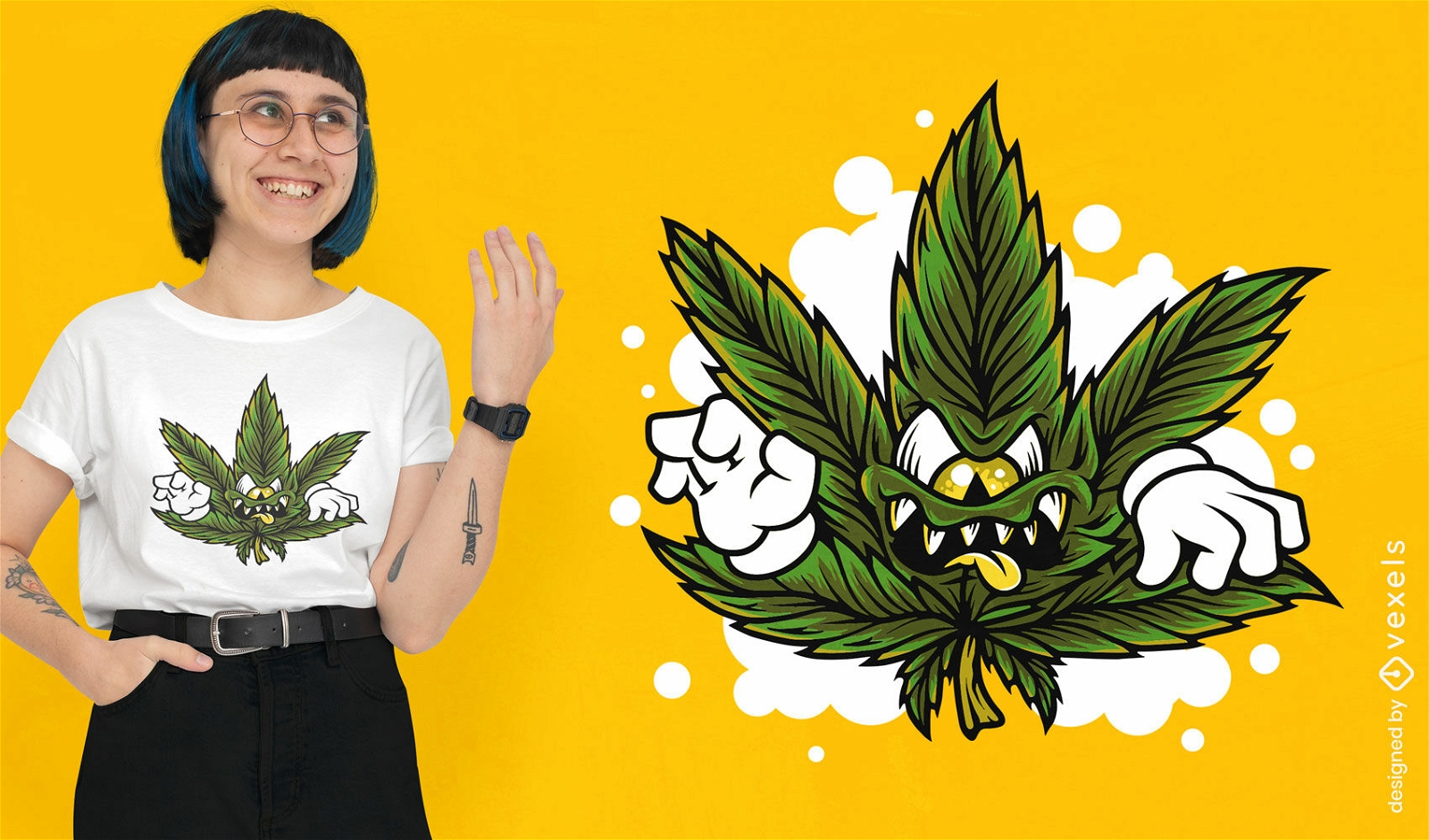 Diseño de camiseta de dibujos animados de monstruo de hoja de cannabis