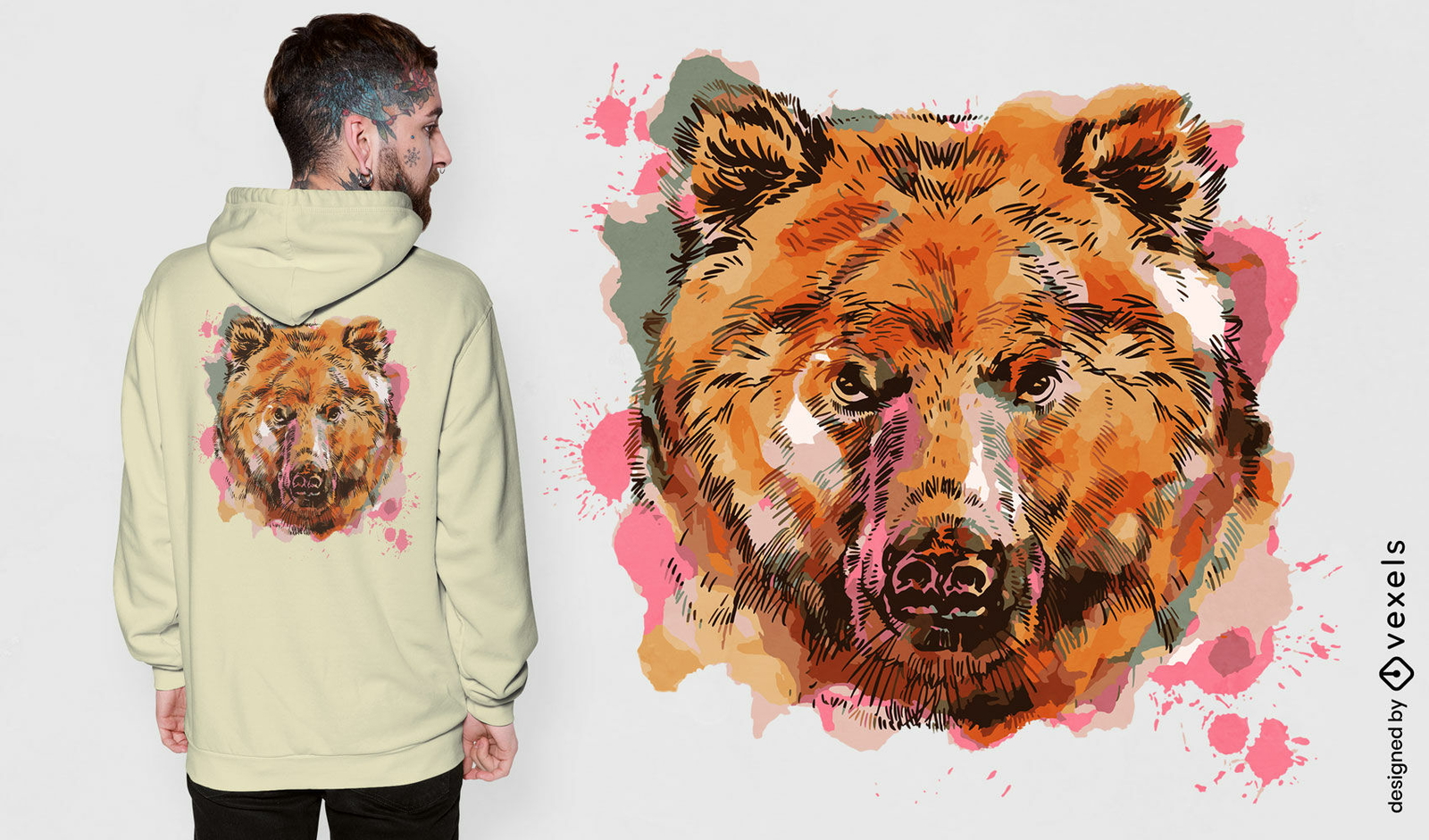 Diseño de camiseta de acuarela de animal salvaje de oso