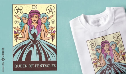 Diseño de camiseta de la reina de los pentáculos de la carta del tarot