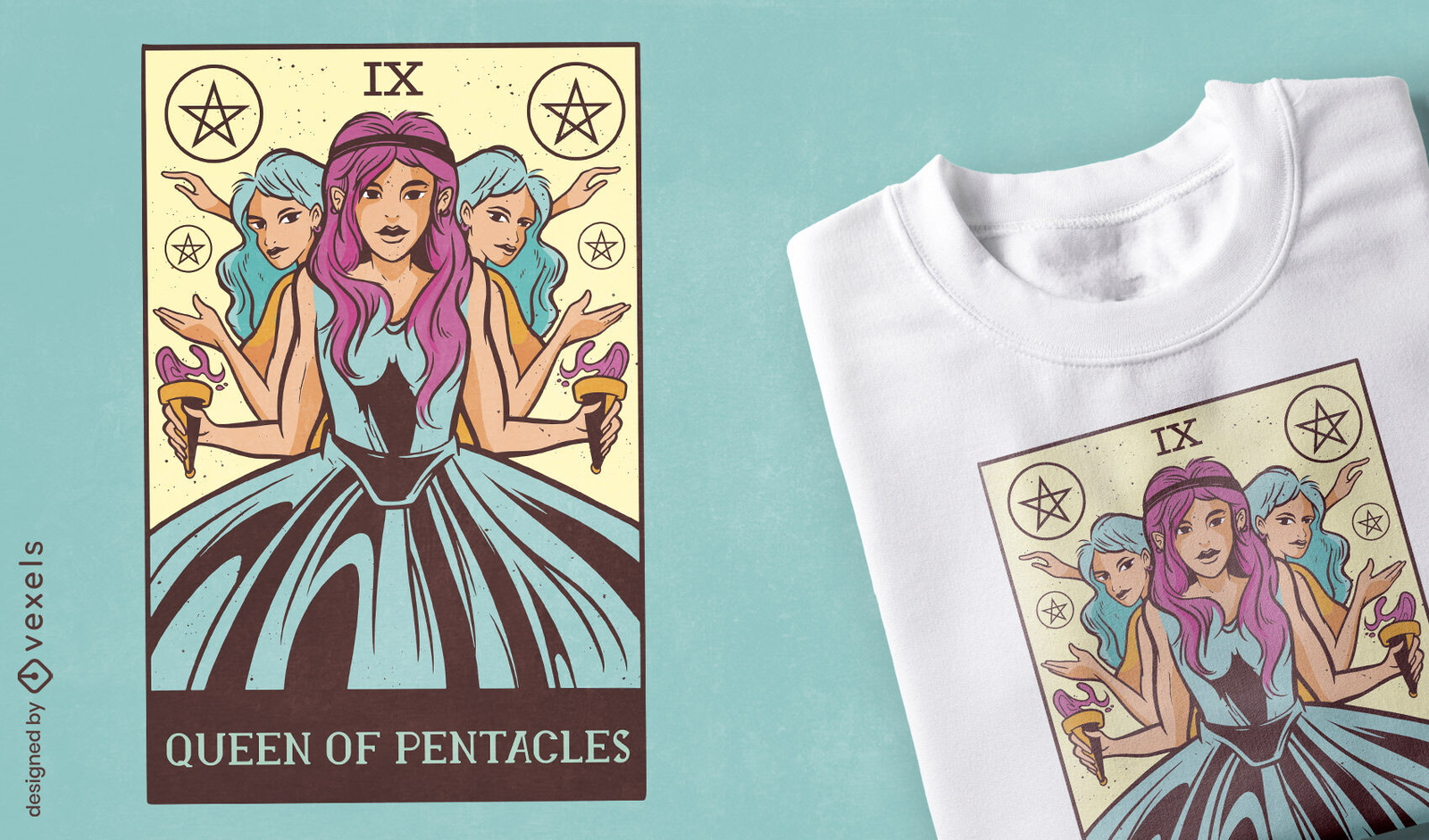 Dise?o de camiseta de la reina de los pent?culos de la carta del tarot