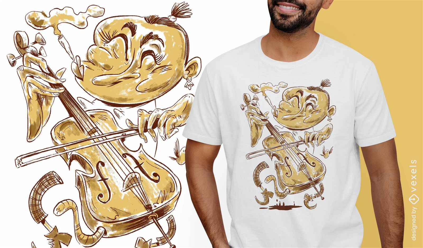 Design de t-shirt de músico de desenho animado de jogador de violoncelo