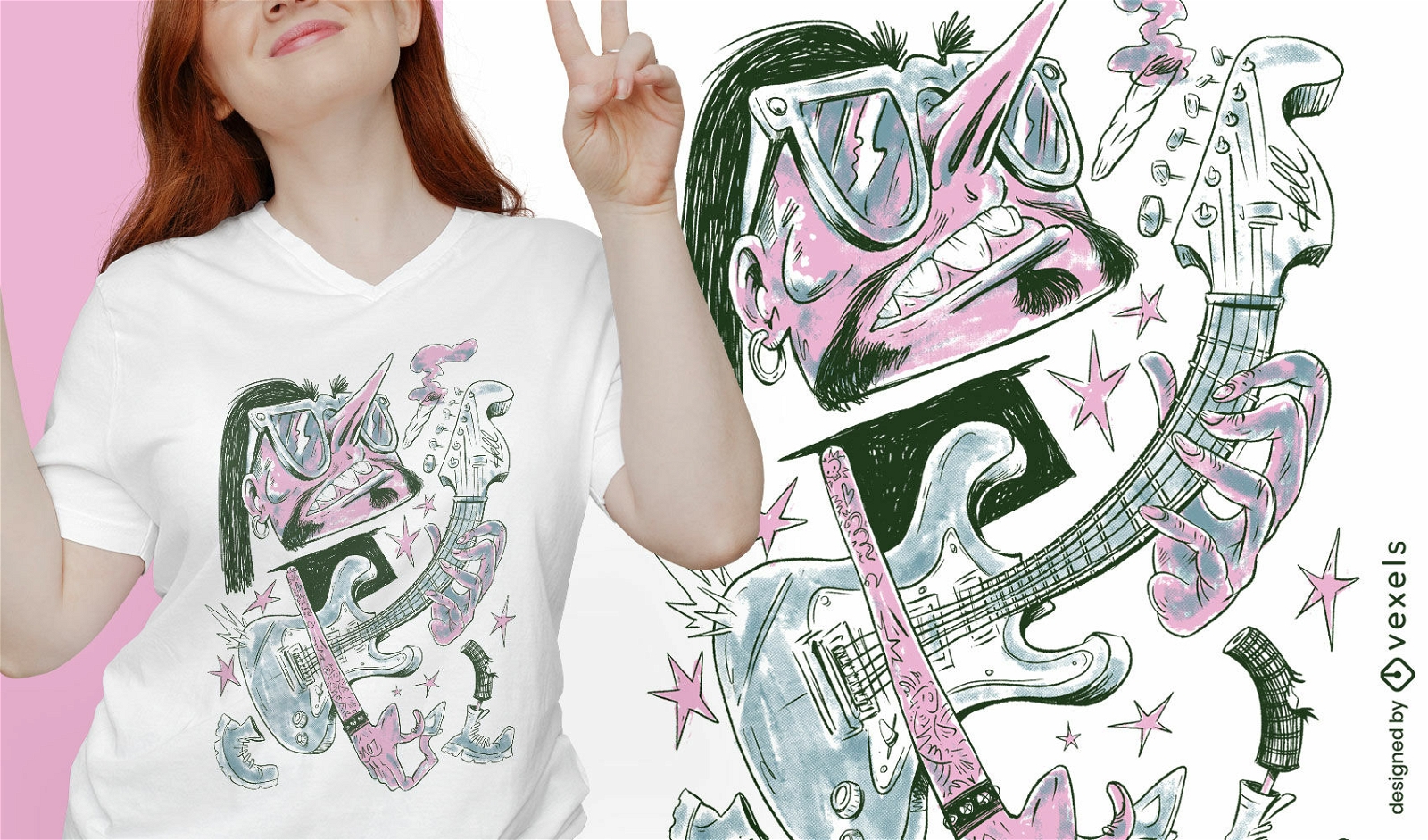 Design de t-shirt de m?sico de desenho animado de guitarrista