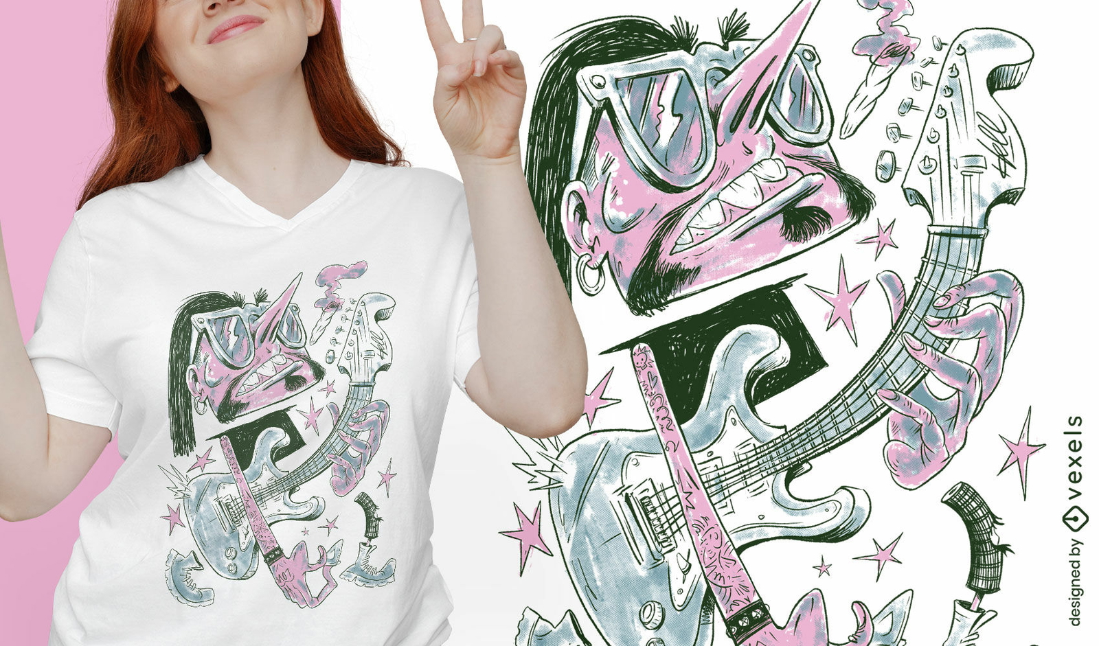 Design de t-shirt de músico de desenho animado de guitarrista