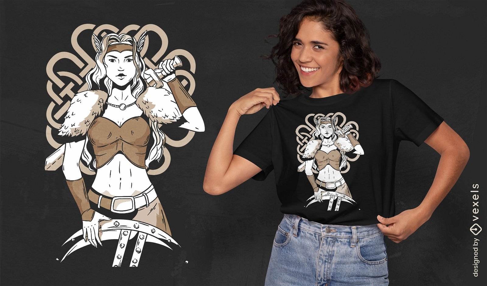 Mujer vikinga con diseño de camiseta de espada y escudo