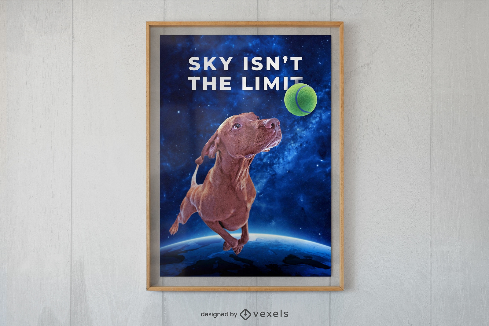 Dog chasing ball in space poster design