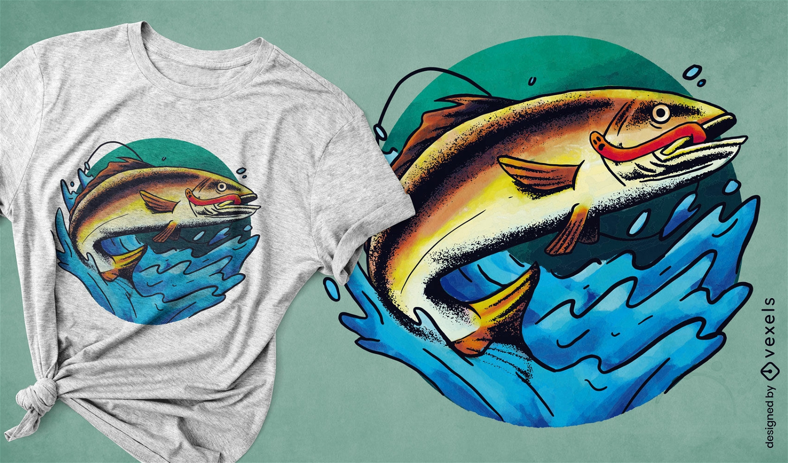 Design de camiseta de animais de verme comendo peixe