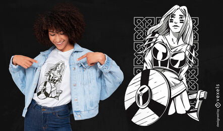 Mulher viking com design de t-shirt de escudo e machado