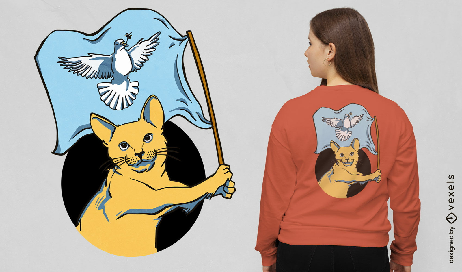 Animal de gato com design de t-shirt de bandeira da paz