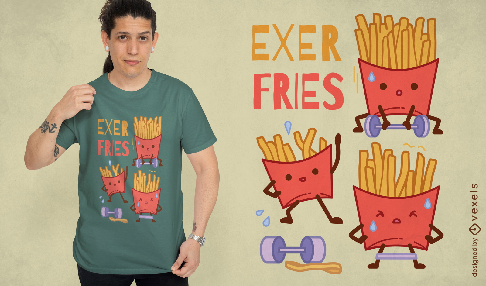 Papas fritas haciendo ejercicio diseño de camiseta.