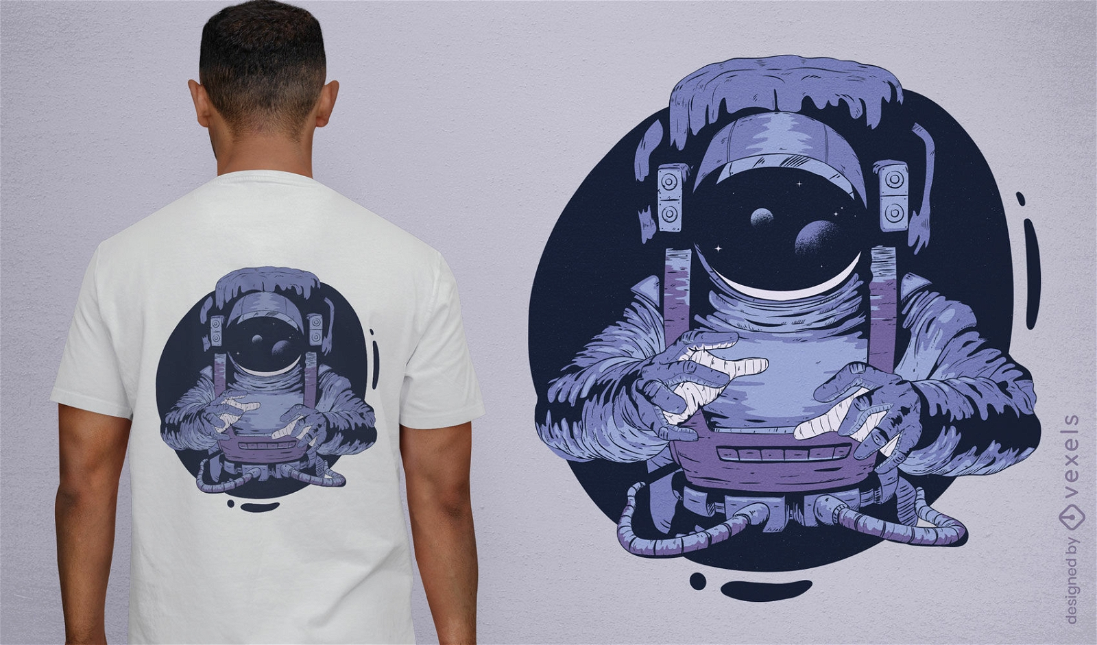 Astronauta de terno flutuando no design de camiseta espacial