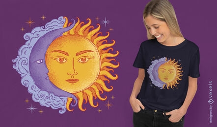 Diseño de camiseta sol y luna en el cielo.