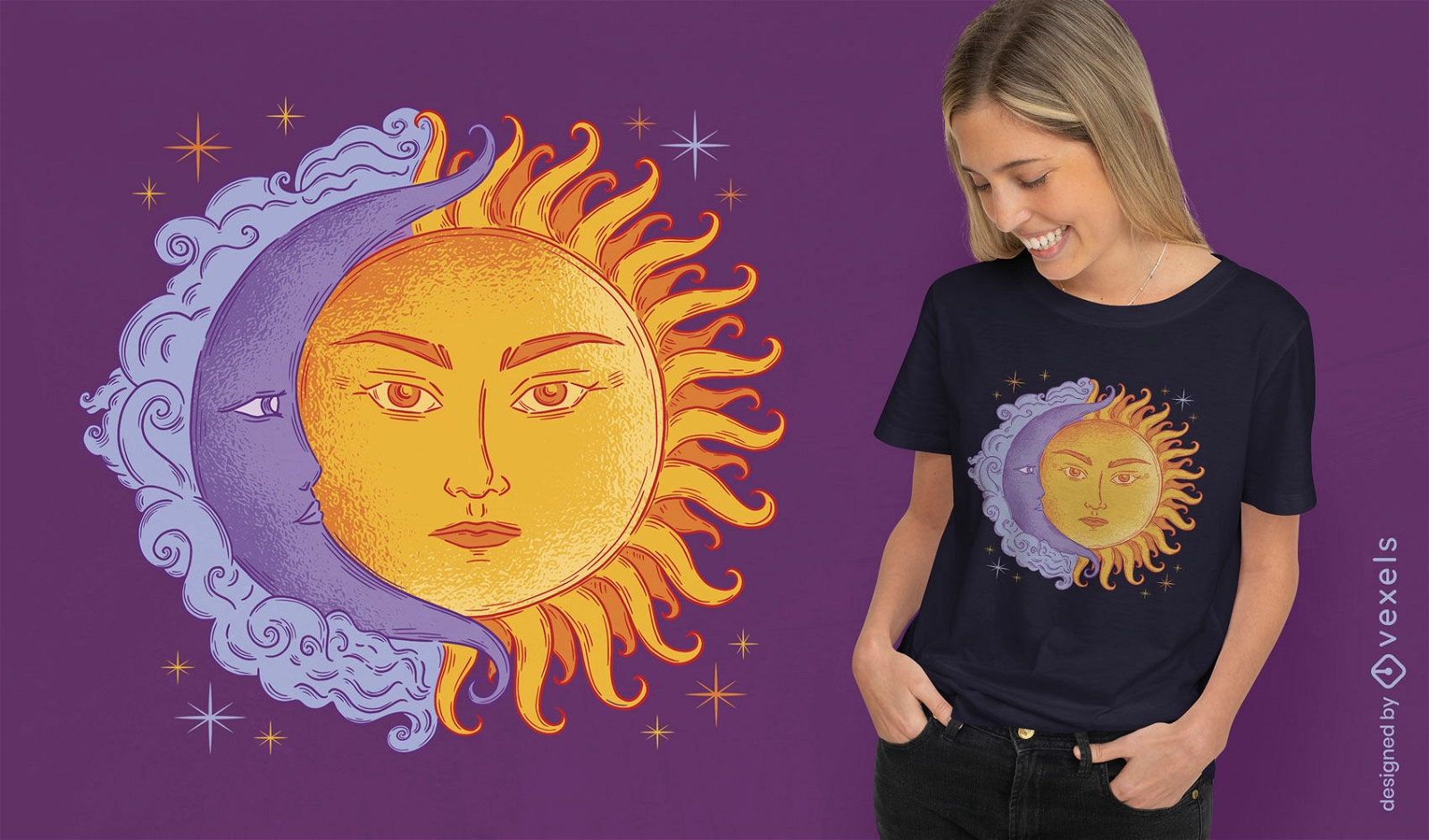 Design de camiseta sol e lua no céu
