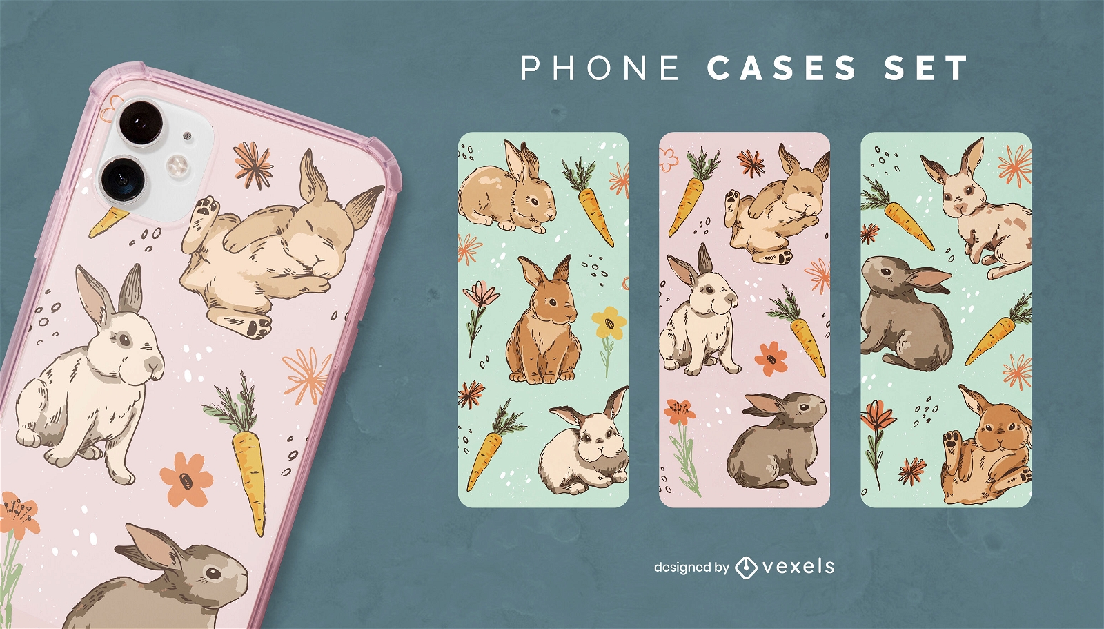 Conjunto de capas de telefone de coelhos em aquarela