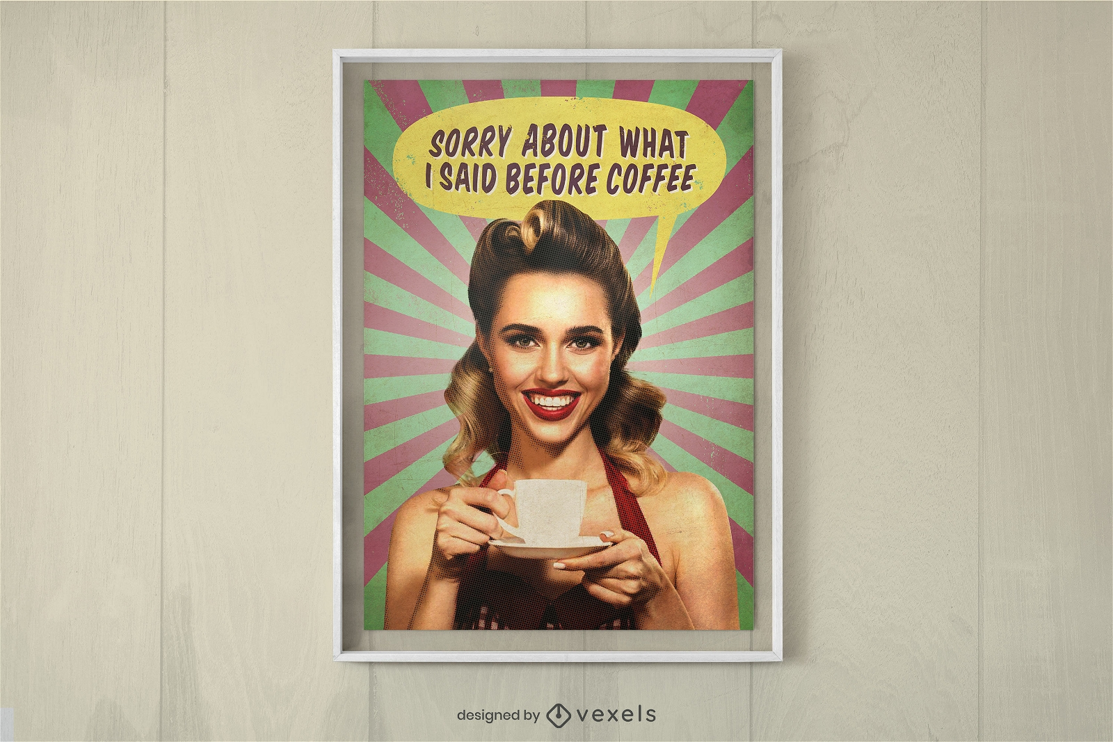 Pin up girl smiling with coffee poster design