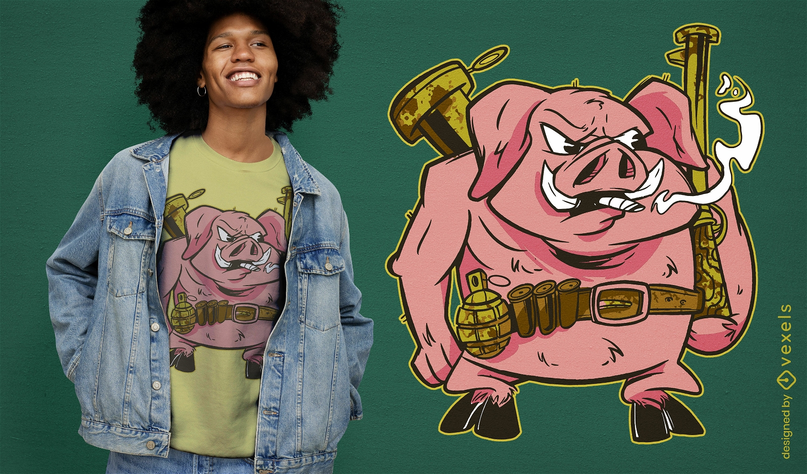 Animal porco do ex?rcito com design de t-shirt de armas