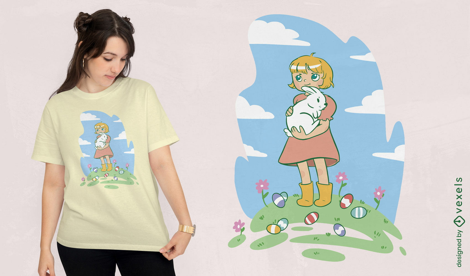 Mädchen mit Kaninchen-Osterferien-T-Shirt-Design