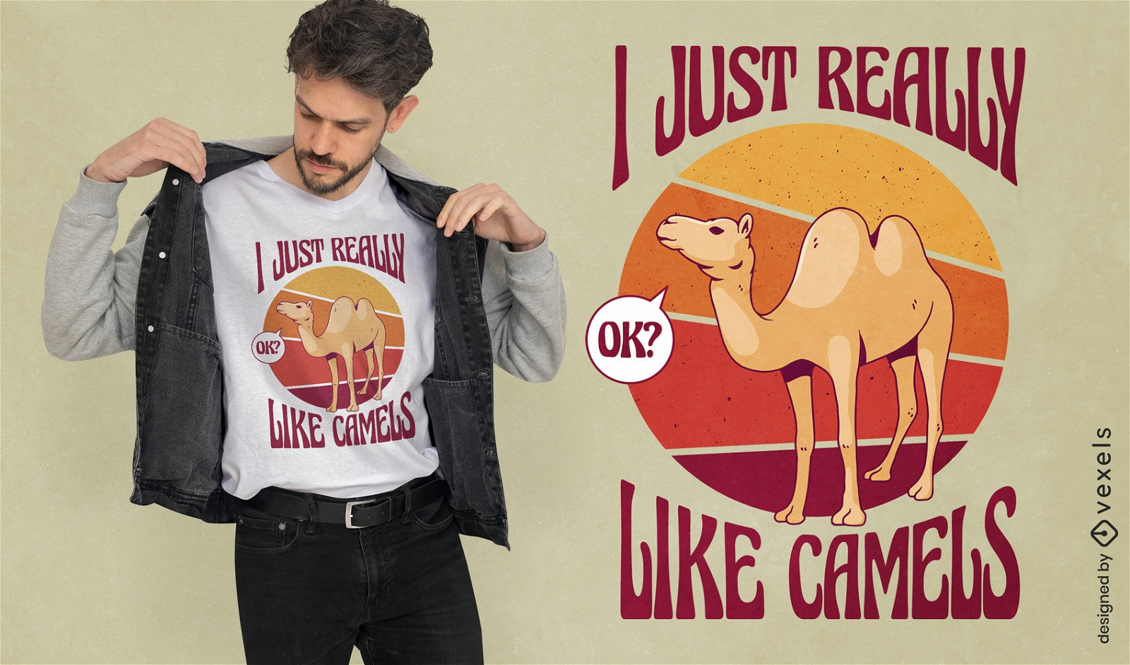Design de t-shirt retrô do pôr do sol animal camelo
