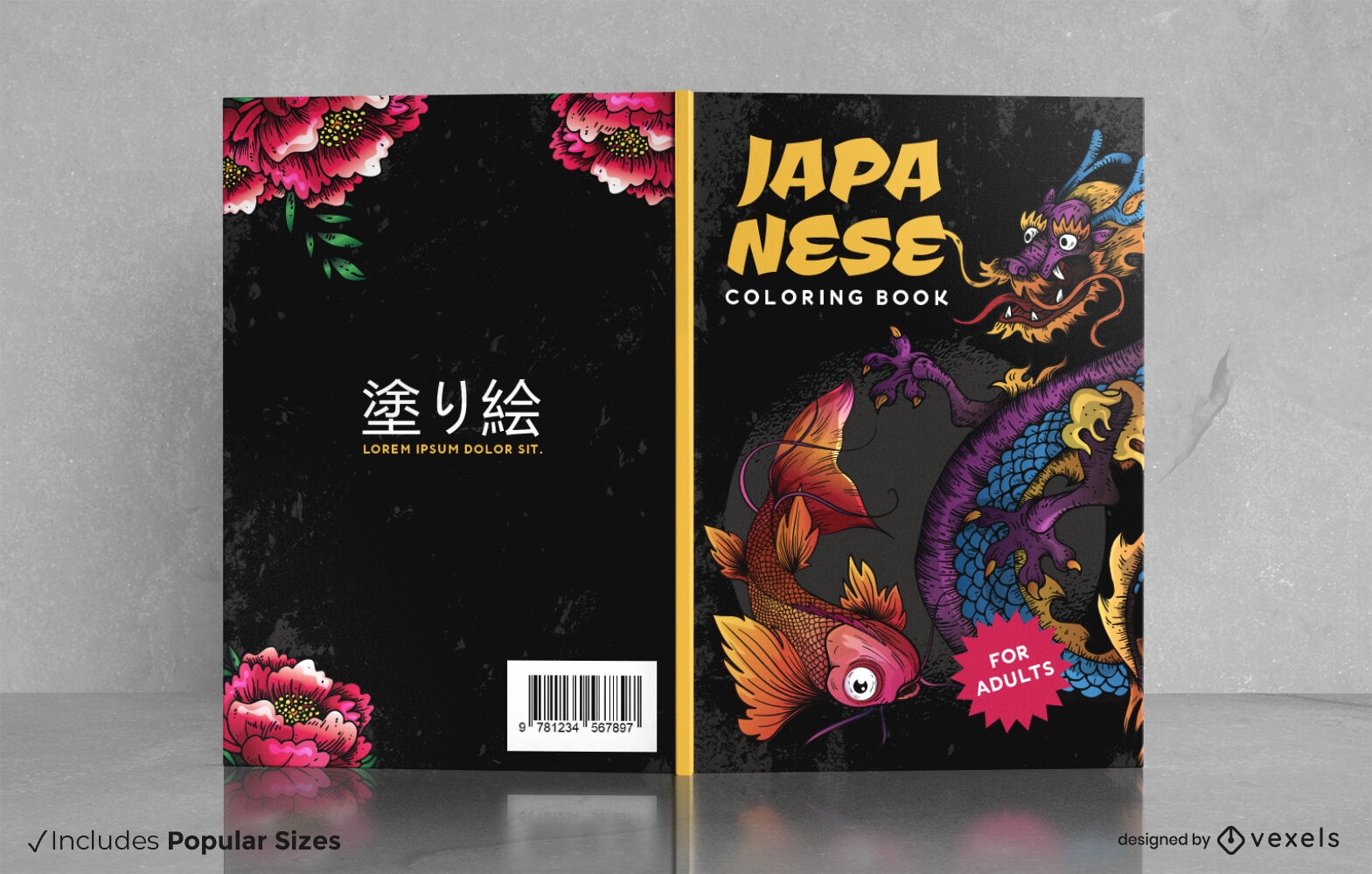 Japanisches Buchumschlagdesign mit Drachen und Fischen