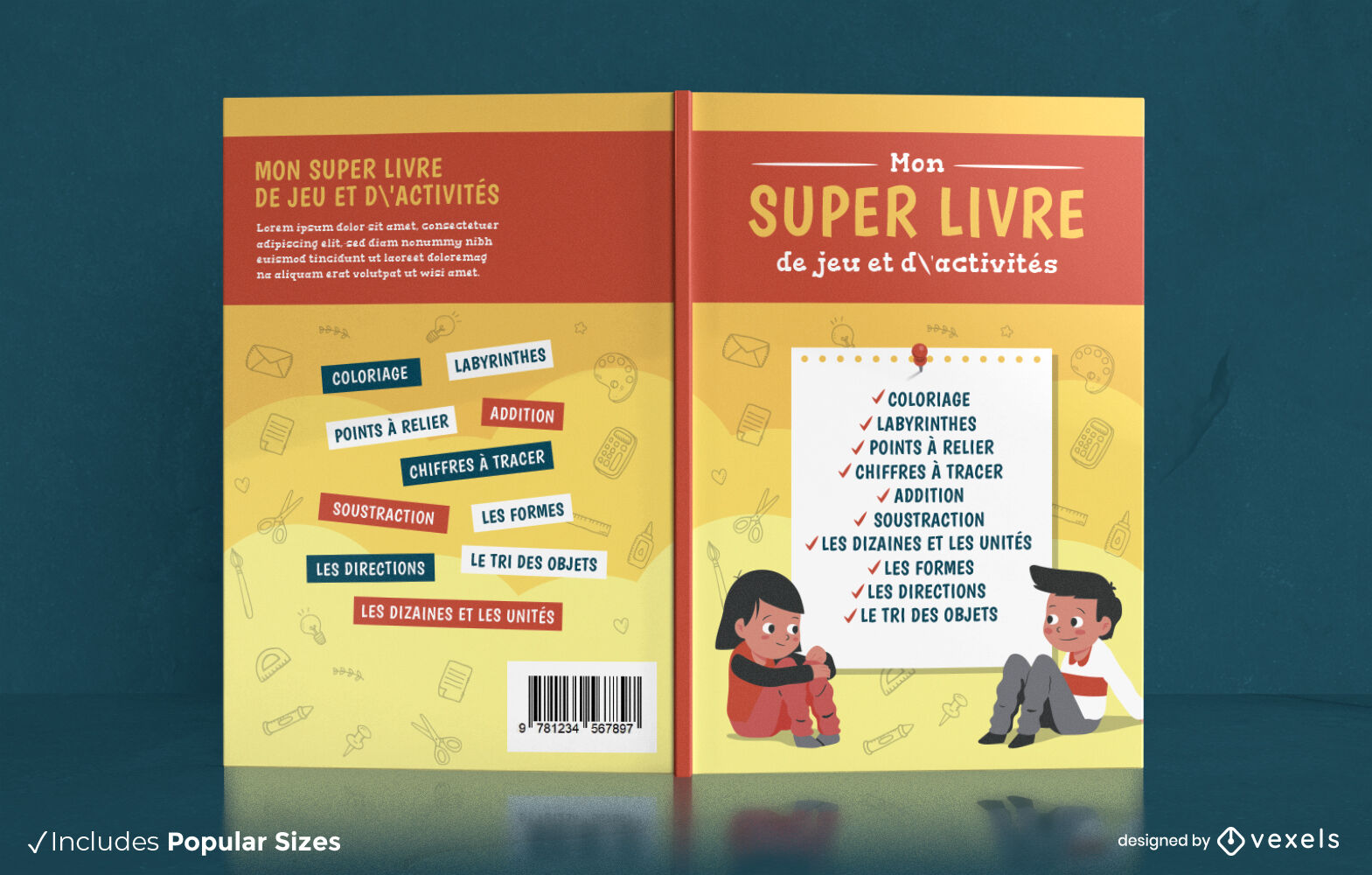 Diseño de portada de libro de actividades francés para niños.