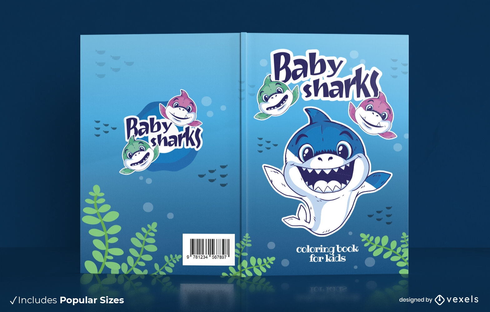 Happy sharks swimming in sea book cover design