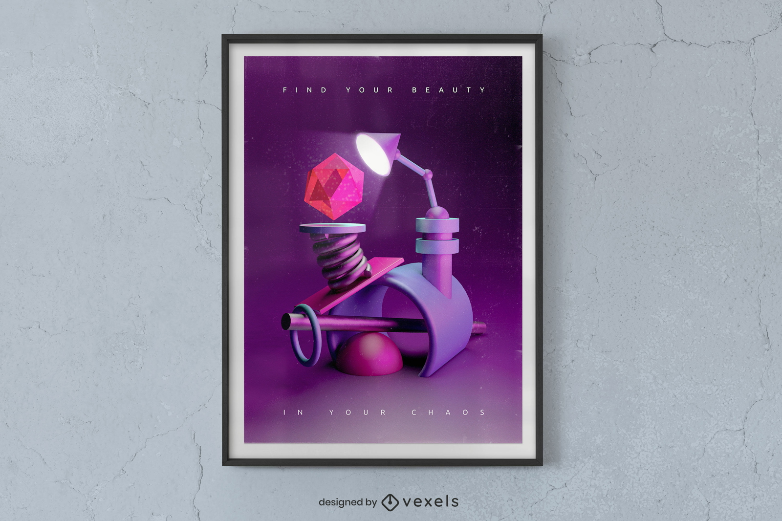 3D-Plakatdesign mit lila Edelsteinen