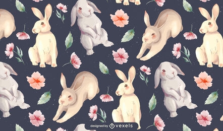Realistic rabbits floral pattern design