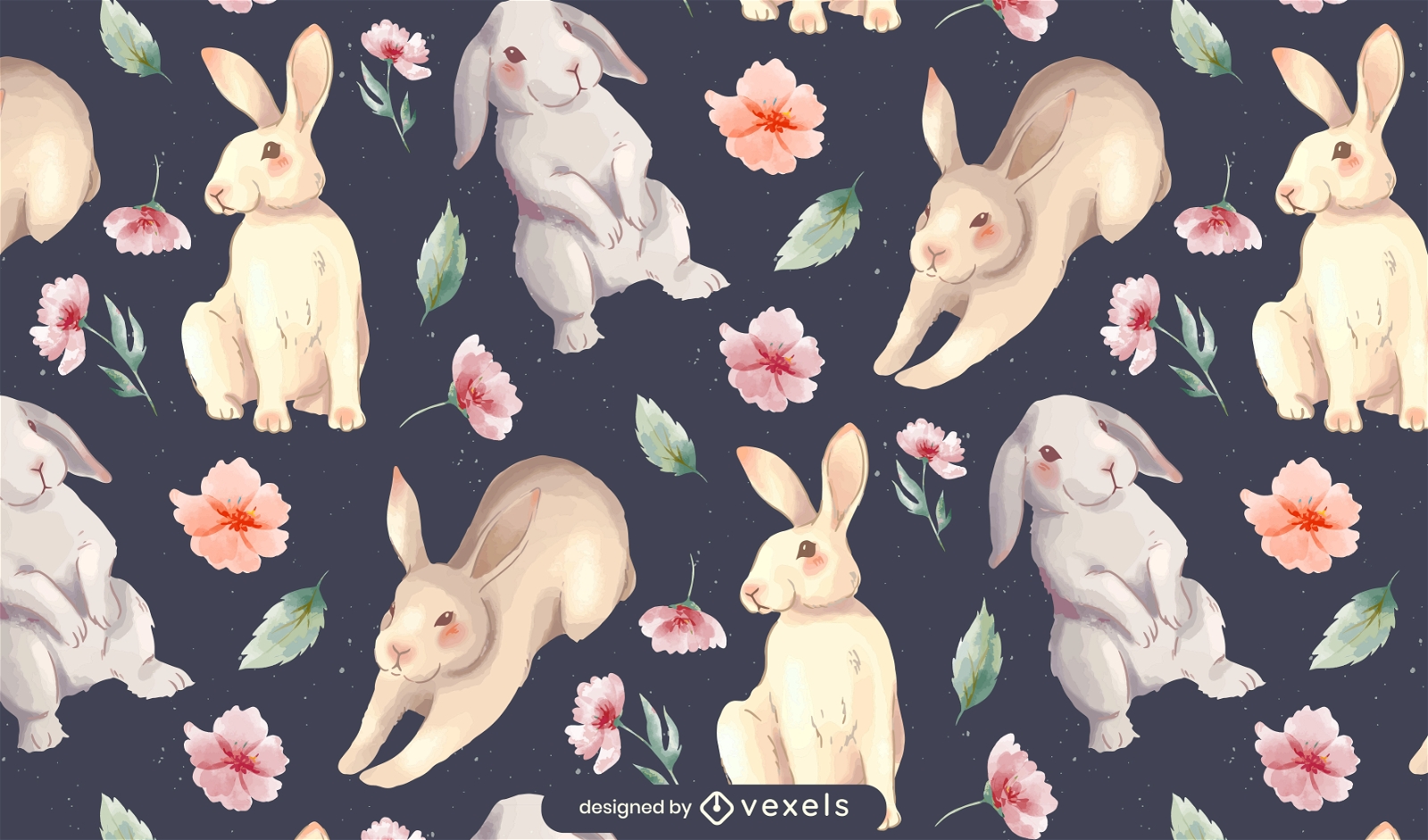Design de padrão floral de coelhos realistas