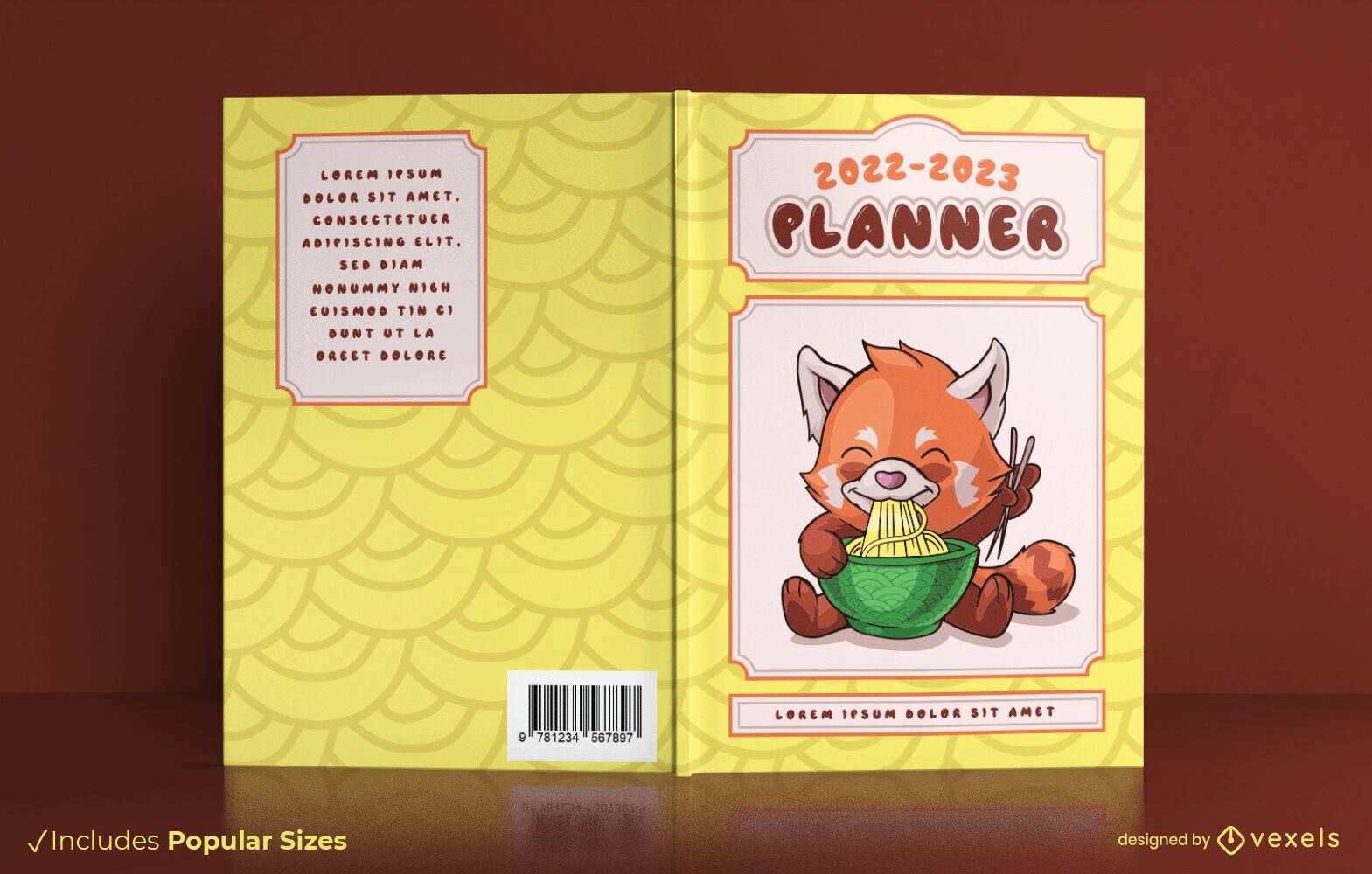 Urso panda vermelho comendo design de capa de livro de ramen